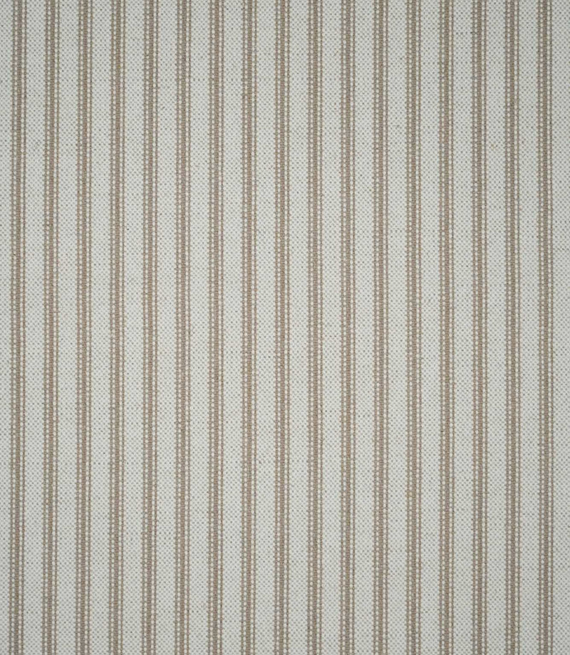 Full view of beige linen-look ticking stripe fabric featuring evenly spaced vertical woven stripes on a warm natural cream background.