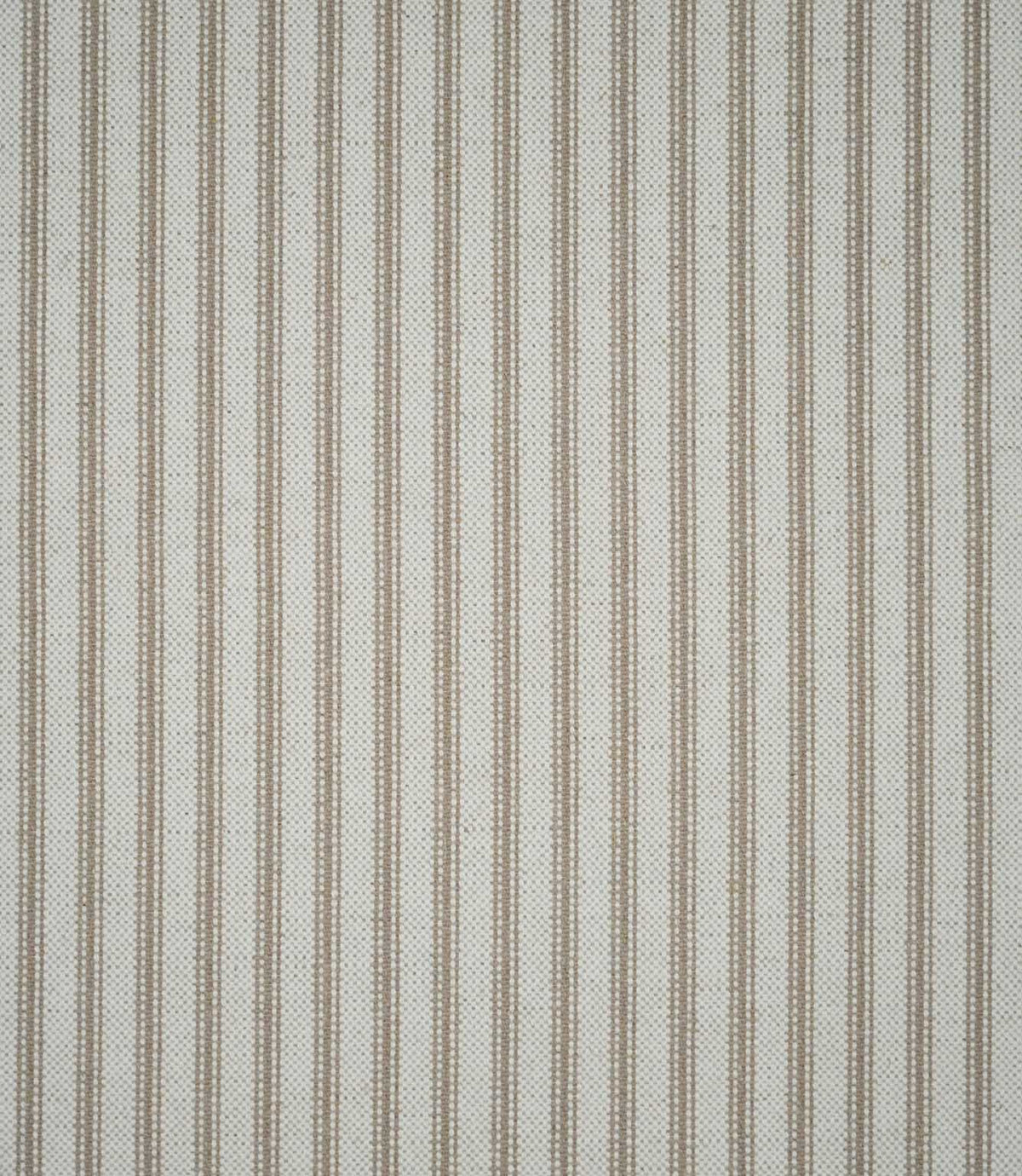Full view of beige linen-look ticking stripe fabric featuring evenly spaced vertical woven stripes on a warm natural cream background.