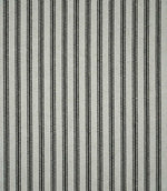 Black ticking stripe fabric with evenly spaced woven vertical stripes on a natural cream background, showing the classic striped pattern and textured weave.