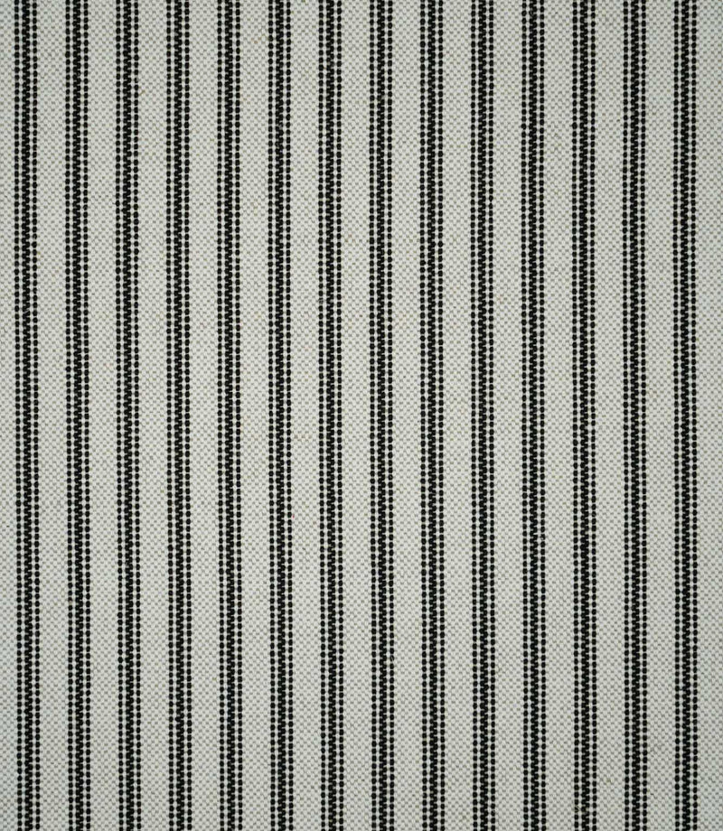Black ticking stripe fabric with evenly spaced woven vertical stripes on a natural cream background, showing the classic striped pattern and textured weave.