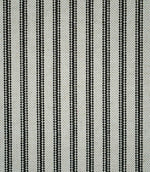 Full view of black ticking stripe fabric featuring evenly spaced narrow black woven stripes on a natural cream background.