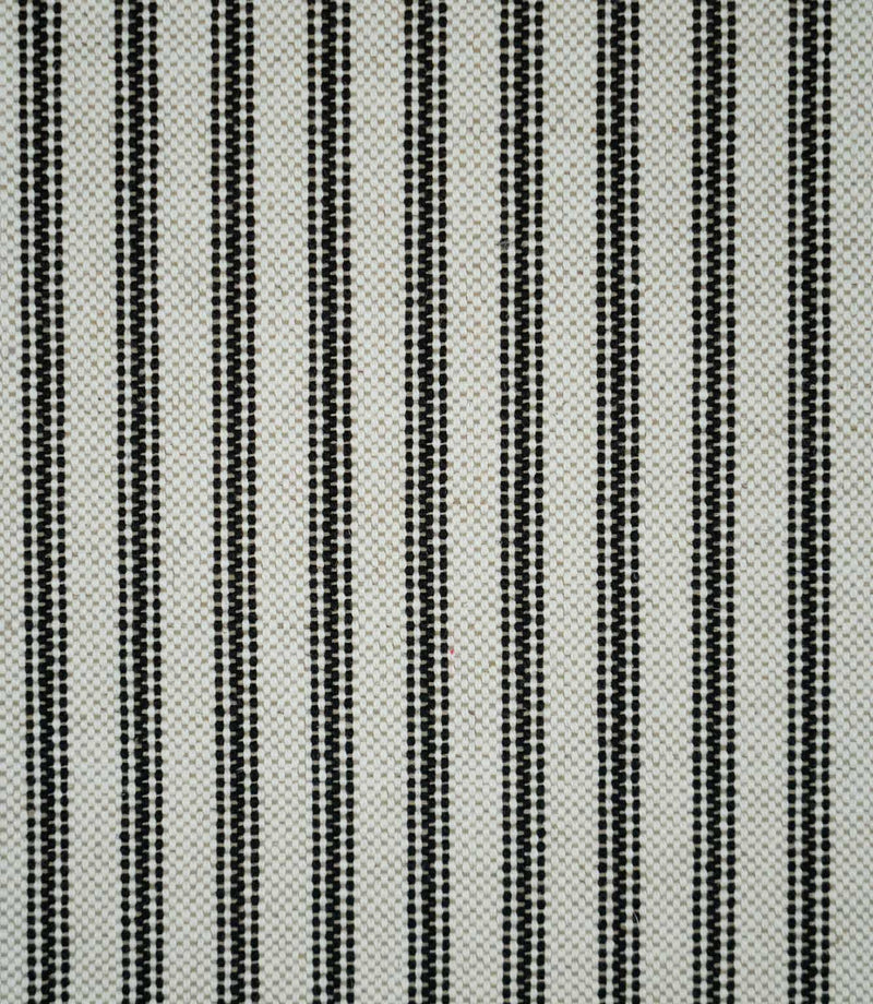 Full view of black ticking stripe fabric featuring evenly spaced narrow black woven stripes on a natural cream background.