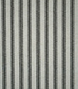 Full view of black ticking stripe fabric featuring evenly spaced narrow black woven stripes on a natural cream background.