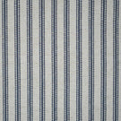 Blue ticking stripe fabric with evenly spaced navy blue woven stripes on a natural cream background, showing the classic striped design and textured weave.