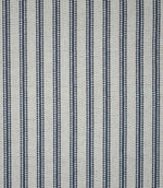 Blue ticking stripe fabric with evenly spaced navy blue woven stripes on a natural cream background, showing the classic striped design and textured weave.