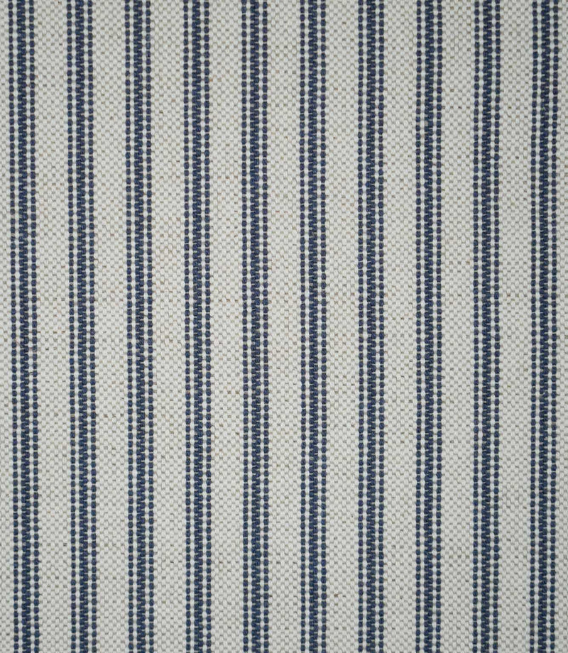 Blue ticking stripe fabric with evenly spaced navy blue woven stripes on a natural cream background, showing the classic striped design and textured weave.