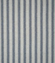 Blue ticking stripe fabric with evenly spaced navy blue woven stripes on a natural cream background, showing the classic striped design and textured weave.