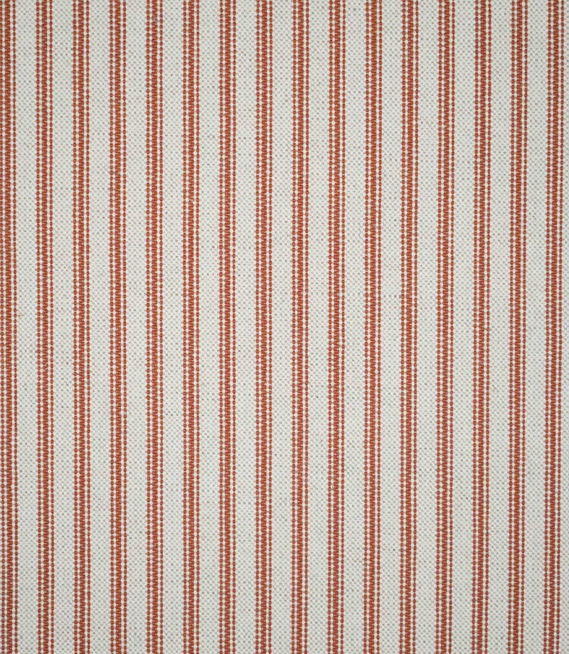 Linen Ticking Burnt Orange striped fabric showing the repeating narrow orange ticking stripe pattern across a cream woven base.