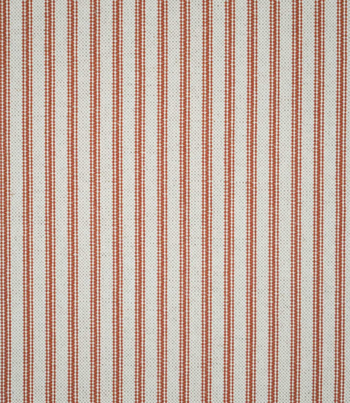 Linen Ticking Burnt Orange striped fabric showing the repeating narrow orange ticking stripe pattern across a cream woven base.