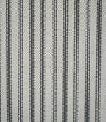 Grey ticking stripe fabric with evenly spaced charcoal grey woven stripes on a natural cream background, showing the classic striped design and textured weave.