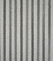 Grey ticking stripe fabric with evenly spaced charcoal grey woven stripes on a natural cream background, showing the classic striped design and textured weave.