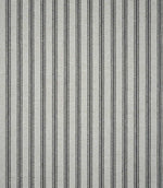 Full view of grey ticking stripe fabric featuring repeating narrow charcoal grey stripes woven across a natural cream textured ground.