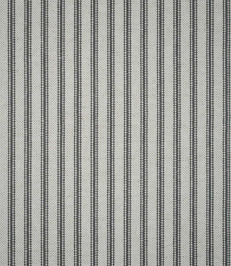 Full view of grey ticking stripe fabric featuring repeating narrow charcoal grey stripes woven across a natural cream textured ground.