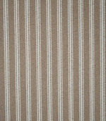 Natural ticking stripe fabric with evenly spaced ivory woven stripes on a warm taupe-beige background, showing the classic striped design and textured weave.