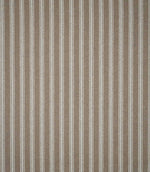 Full view of natural ticking stripe fabric featuring repeating narrow ivory stripes woven across a warm neutral taupe background.