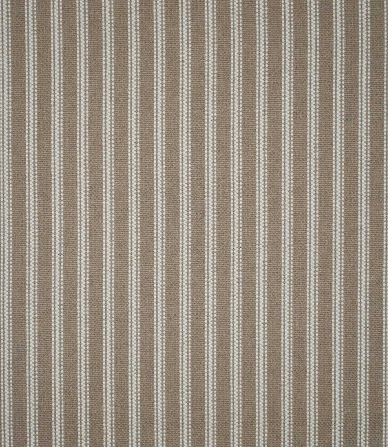 Full view of natural ticking stripe fabric featuring repeating narrow ivory stripes woven across a warm neutral taupe background.