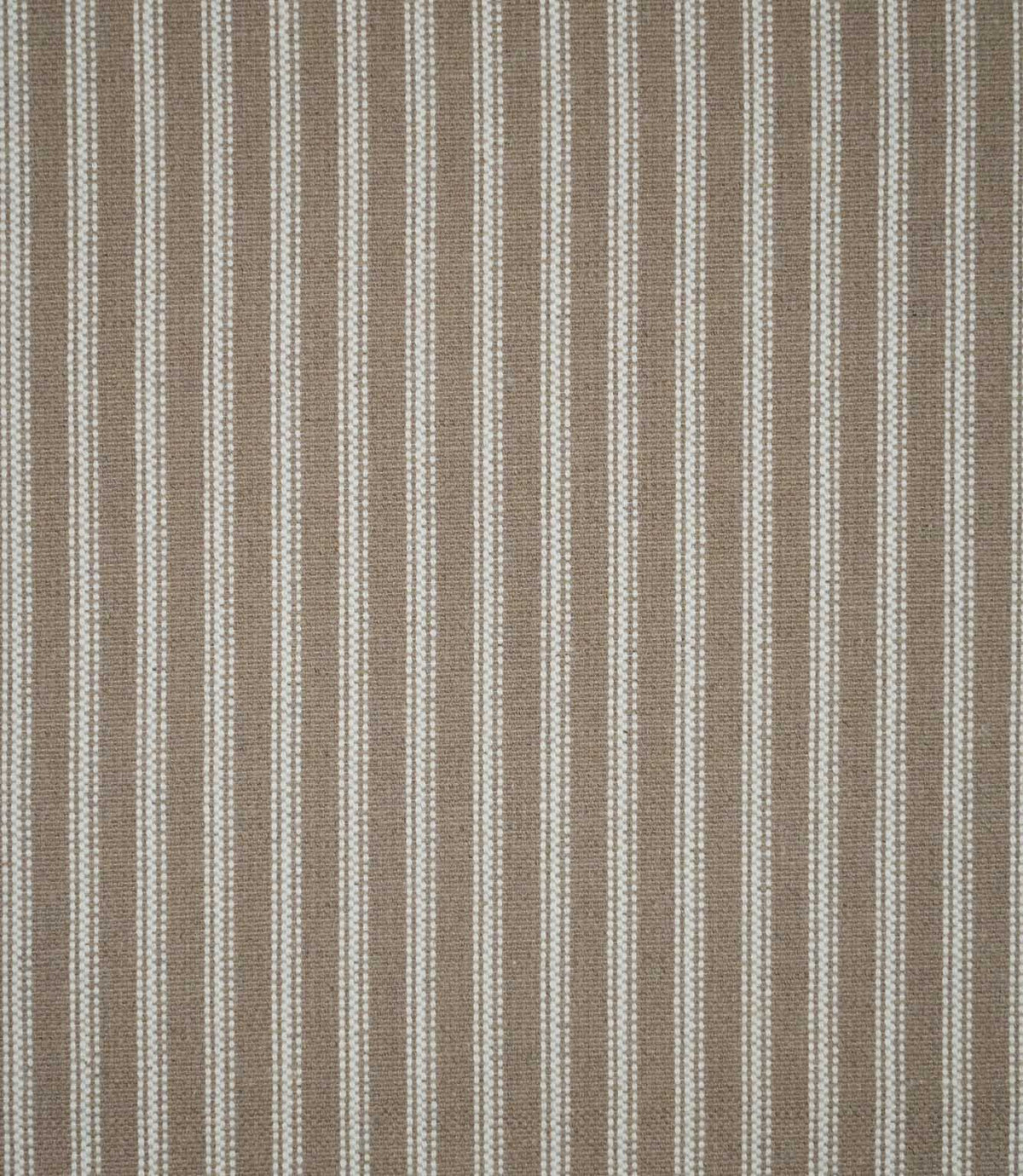 Full view of natural ticking stripe fabric featuring repeating narrow ivory stripes woven across a warm neutral taupe background.