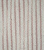 Close-up of pink ticking stripe fabric featuring fine dusty pink woven stripes on a soft cream background, highlighting the textured weave and classic striped design.