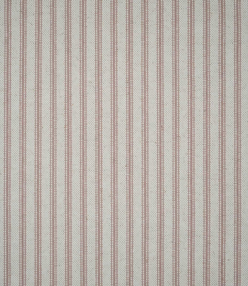 Full view of pink ticking stripe fabric with evenly spaced dusty pink stripes woven across a cream ground in a timeless linear pattern.