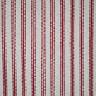 Close-up of red ticking stripe fabric featuring narrow woven red stripes on a natural cream background, highlighting the textured weave and classic striped design.