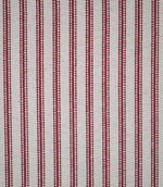 Close-up of red ticking stripe fabric featuring narrow woven red stripes on a natural cream background, highlighting the textured weave and classic striped design.