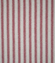 Close-up of red ticking stripe fabric featuring narrow woven red stripes on a natural cream background, highlighting the textured weave and classic striped design.