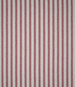 Full view of red ticking stripe fabric with evenly spaced red woven stripes across a natural cream ground, showing the repeating traditional ticking pattern.