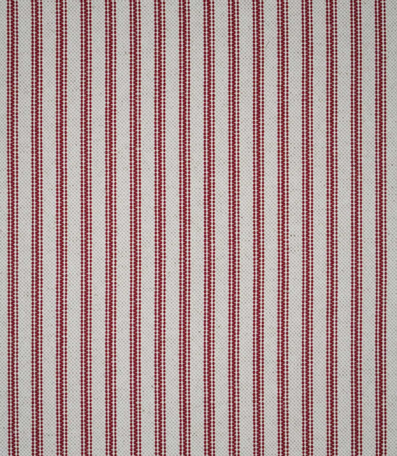 Full view of red ticking stripe fabric with evenly spaced red woven stripes across a natural cream ground, showing the repeating traditional ticking pattern.