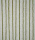 Close-up of sage green ticking stripe fabric with evenly spaced woven stripes on a natural cream background, highlighting the textured weave and classic striped design.