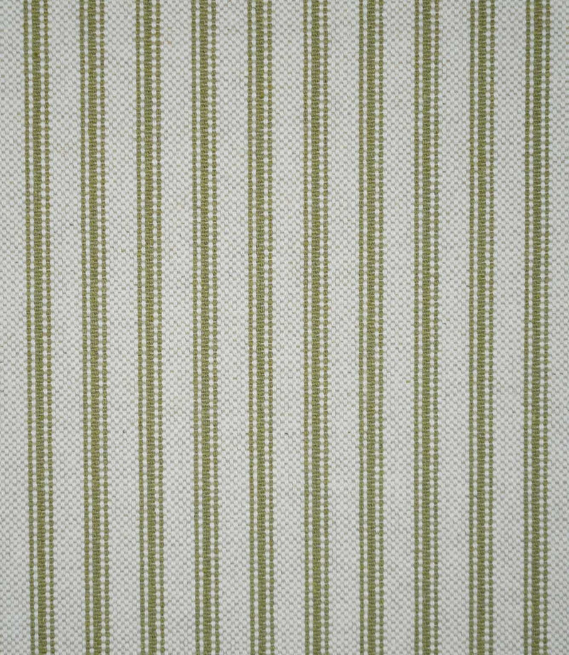Close-up of sage green ticking stripe fabric with evenly spaced woven stripes on a natural cream background, highlighting the textured weave and classic striped design.