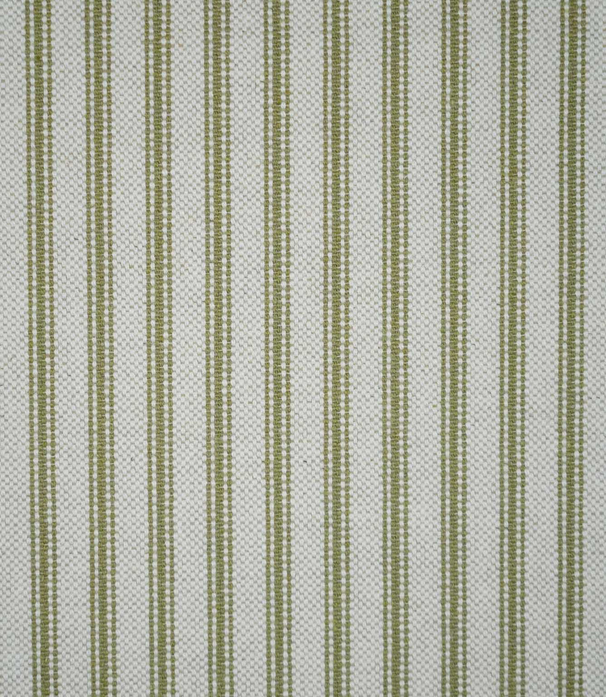 Close-up of sage green ticking stripe fabric with evenly spaced woven stripes on a natural cream background, highlighting the textured weave and classic striped design.