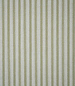 Full view of sage green ticking stripe fabric featuring repeating narrow green stripes across a natural cream ground with a visible woven texture.