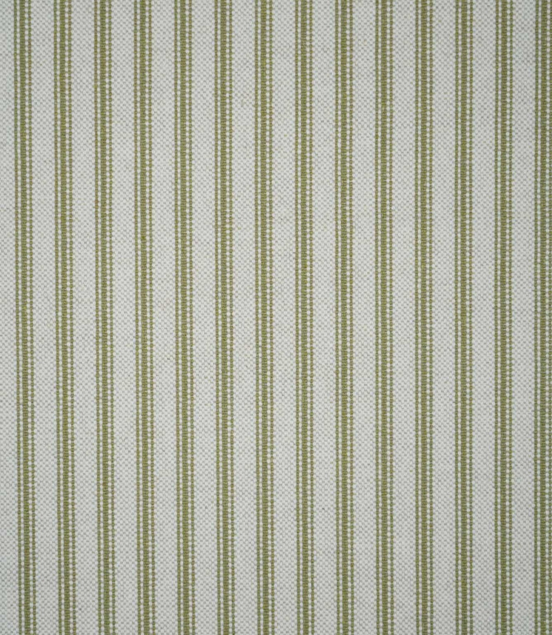 Full view of sage green ticking stripe fabric featuring repeating narrow green stripes across a natural cream ground with a visible woven texture.