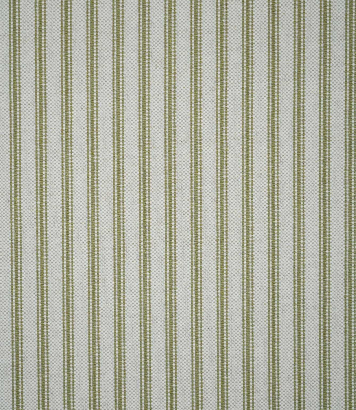 Full view of sage green ticking stripe fabric featuring repeating narrow green stripes across a natural cream ground with a visible woven texture.