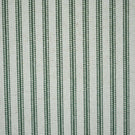 Close-up of sap green ticking stripe fabric with narrow woven green stripes on a natural cream background, showing the textured weave and classic striped design.