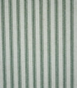 Close-up of sap green ticking stripe fabric with narrow woven green stripes on a natural cream background, showing the textured weave and classic striped design.