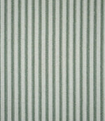 Full view of sap green ticking stripe fabric featuring evenly spaced dark green woven stripes across a natural cream ground with a textured finish.