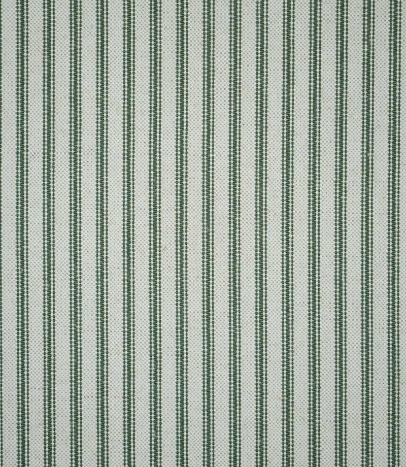 Full view of sap green ticking stripe fabric featuring evenly spaced dark green woven stripes across a natural cream ground with a textured finish.