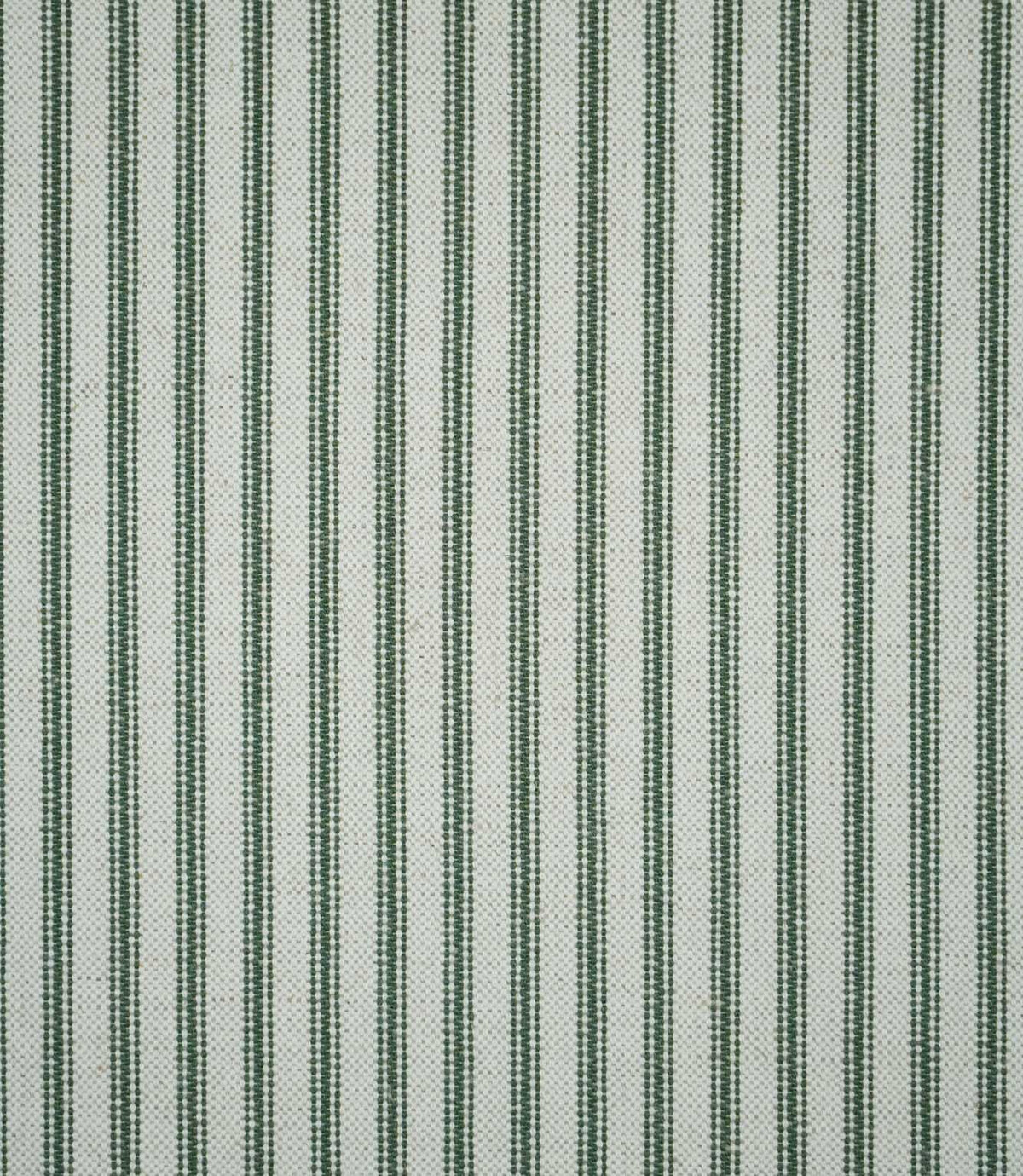 Full view of sap green ticking stripe fabric featuring evenly spaced dark green woven stripes across a natural cream ground with a textured finish.