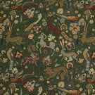 Decorative tapestry fabric with a pattern of animals and flowers on a dark green background