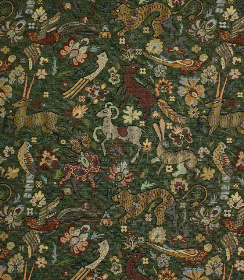 Decorative tapestry fabric with a pattern of animals and flowers on a dark green background