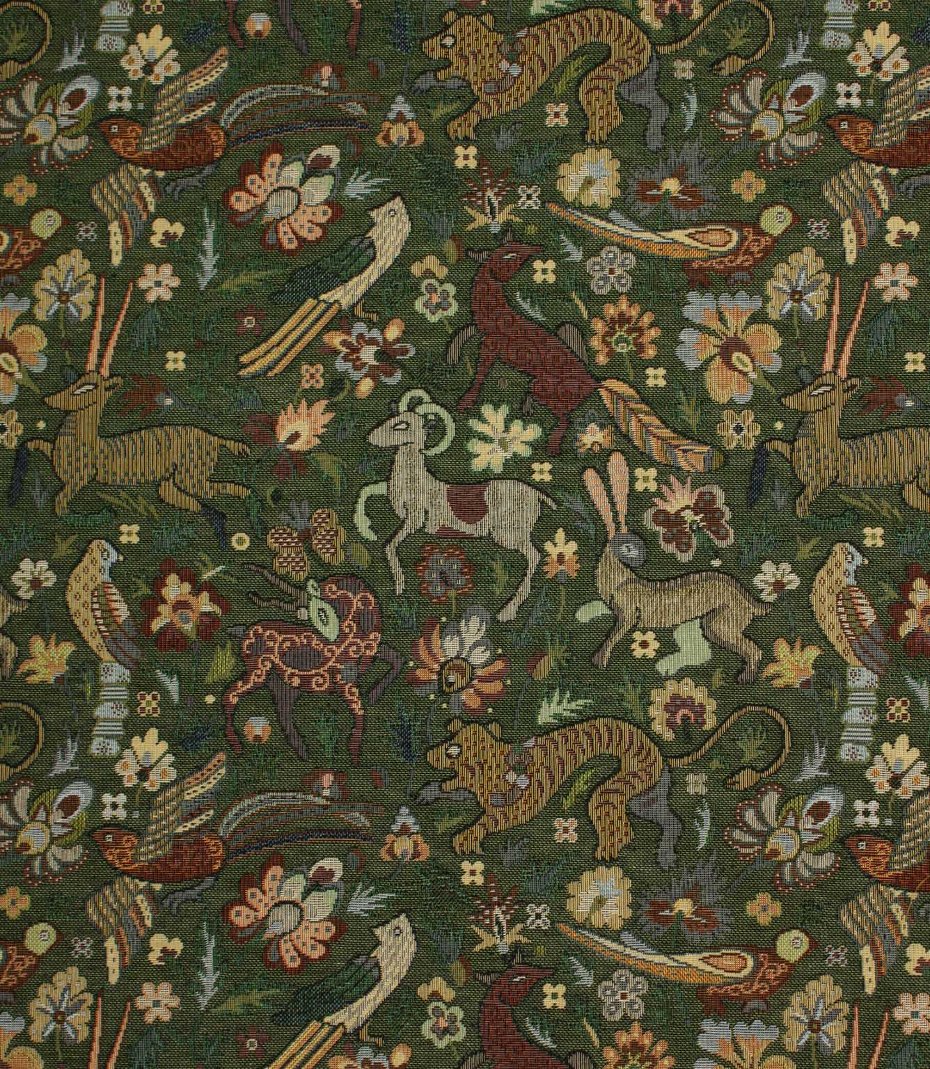 Decorative tapestry fabric with a pattern of animals and flowers on a dark green background