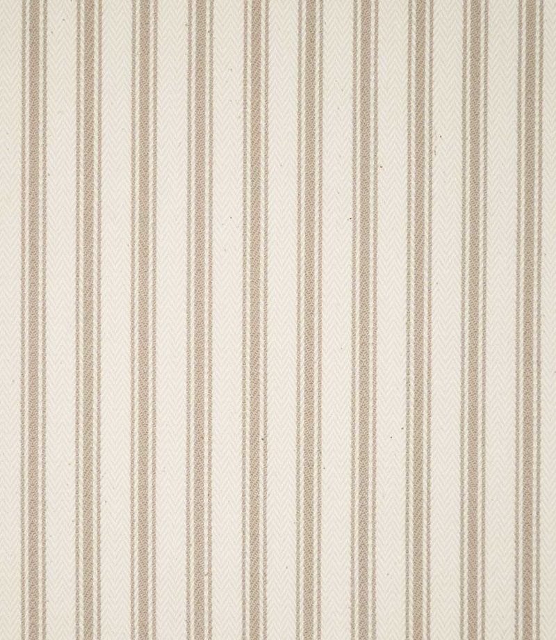 JF Ticking Beige fabric featuring classic vertical beige ticking stripes on a warm cream background with a subtle herringbone woven texture.