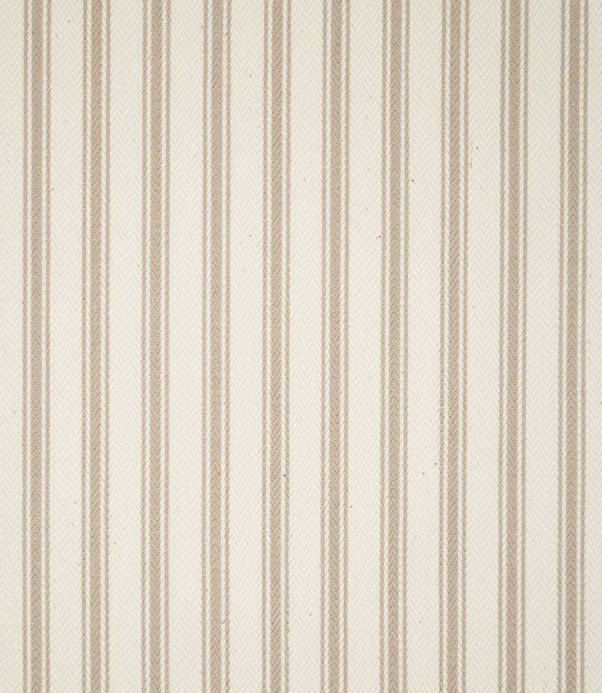 JF Ticking Beige fabric featuring classic vertical beige ticking stripes on a warm cream background with a subtle herringbone woven texture.