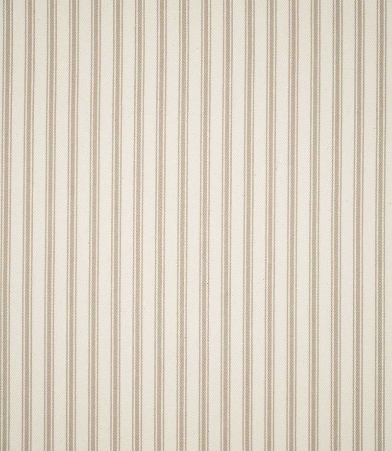 Full view of JF Ticking Beige striped fabric showing repeating fine beige vertical stripes across a cream herringbone woven ground.