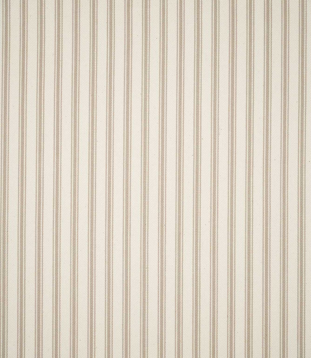 Full view of JF Ticking Beige striped fabric showing repeating fine beige vertical stripes across a cream herringbone woven ground.