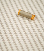 JF Ticking Beige fabric styled with a coordinating beige thread spool, highlighting the classic ticking stripe pattern and subtle woven texture.