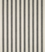 JF Ticking Black fabric featuring classic vertical black ticking stripes on a warm cream background with a subtle herringbone woven texture.