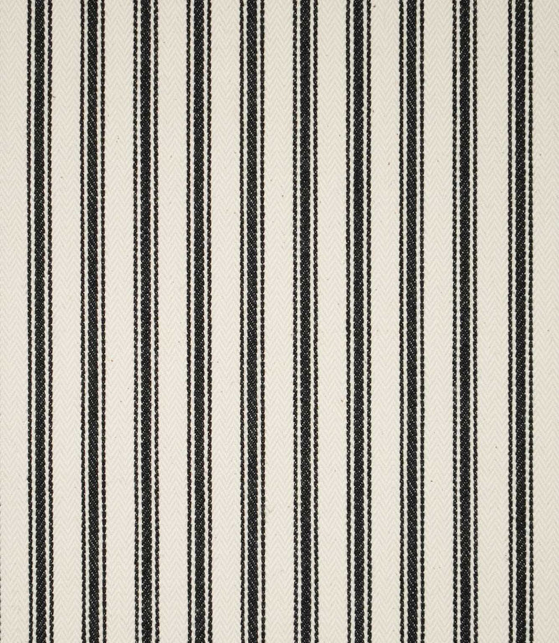 JF Ticking Black fabric featuring classic vertical black ticking stripes on a warm cream background with a subtle herringbone woven texture.