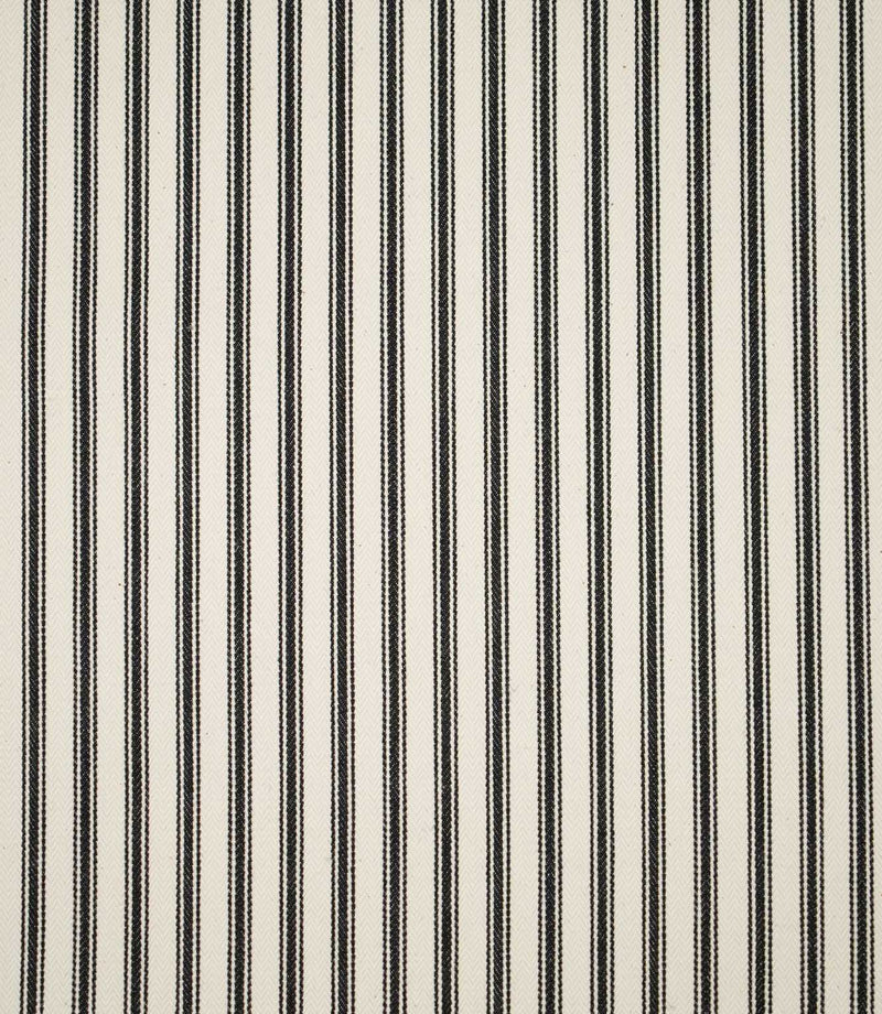 Full view of JF Ticking Black striped fabric showing evenly spaced black ticking stripes across a cream herringbone woven ground.